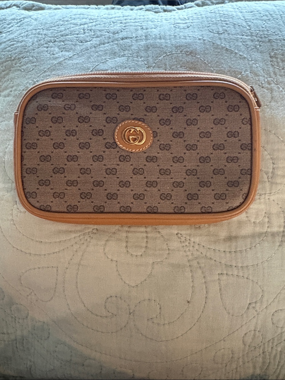 Gucci Beige and Tan micro-Monogram Cosmetic Pouch with Gold Logo